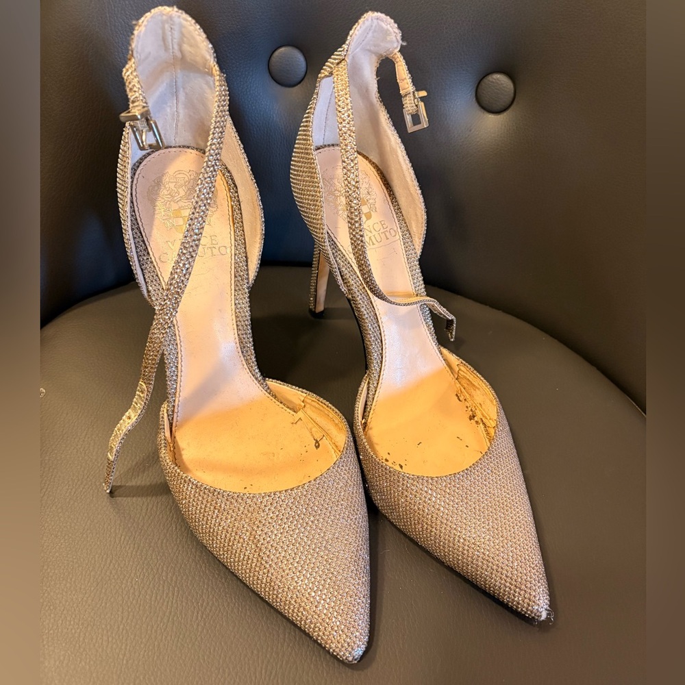 Vince Camuto Metallic Gold Pointed-Toe Ankle-Strap Heels